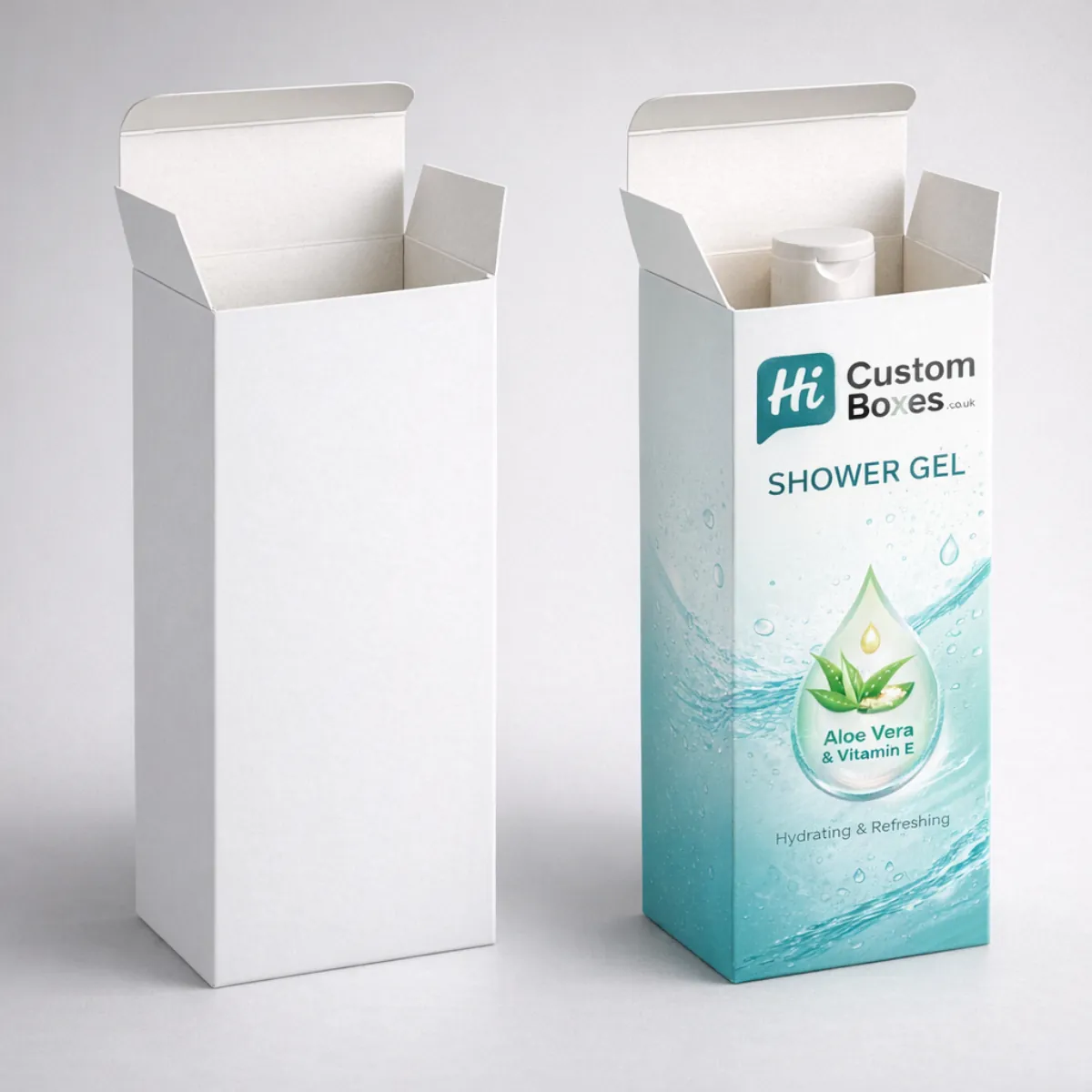 Two tall vertical white card boxes, one plain and one featuring aloe vera and vitamin E branding.